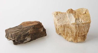 two pieces of rock that are sitting on a table