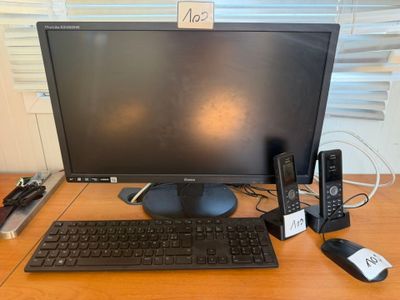 a computer monitor, keyboard, mouse, and other electronics on a desk