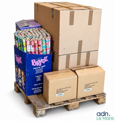 Plusieurs cartons de sodas sont empilés sur une palette, sur fond blanc.