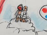 a drawing of a man on a cloud with a balloon in the sky