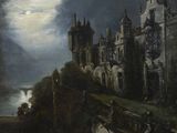 tableau représentant un château sur une colline, avec une rivière au premier plan et la pleine lune dans le ciel