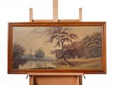 a picture of a painting on a easel on a white background