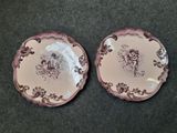 une paire d'assiettes roses et blanches sur lesquelles figurent l'image d'un homme et d'une femme