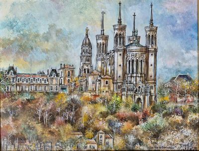 tableau représentant un grand bâtiment au milieu d'une forêt