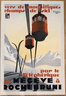 poster of a ski lift in front of a snowy mountain range