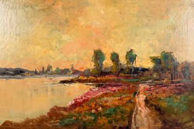 N MINAUNT ?, Paysage lacustre, huile sur toile signée en bas… - Photo 1