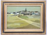 an image of a painting of a village with a road in the foreground