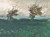 a painting of three trees in a field with a sky background