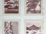 four black and white photographs of mountains with snow on them