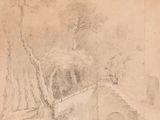 drawing of a landscape with a bridge and trees in the foreground