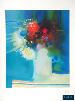une peinture représentant un vase de fleurs sur une table