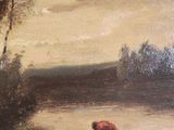 a painting of a couple of cows by the water