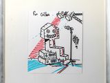 framed drawing of a robot with a microphone and a pile of boxes