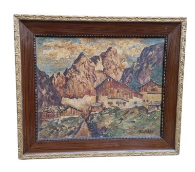 un tableau représentant un paysage de montagne avec un village au premier plan