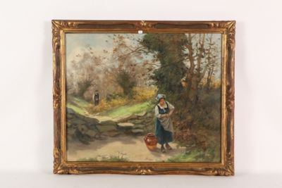 an oil painting of a woman with a rooster and a dog