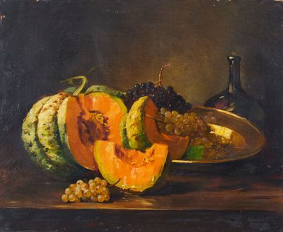tableau représentant une nature morte composée d'un melon, de raisins et d'une bouteille