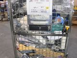 a metal cart with a bunch of electronics inside of it