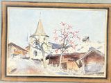 a picture of a painting of a church in the snow