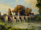 tableau représentant un pont au-dessus d'une rivière, avec des arbres en arrière-plan