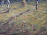 a painting of a horse in a field with trees in the background