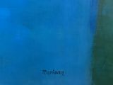 an oil painting of a blue and green painting with a white border