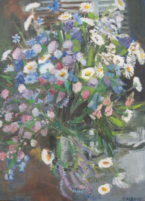 une peinture représentant un vase de fleurs sur une table
