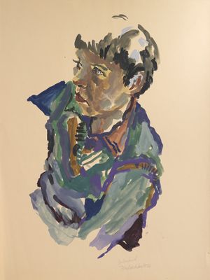 une image représentant un tableau d'un homme en chemise bleue