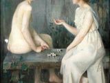 painting of two women sitting on a bench playing a game of checkers