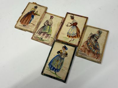 four cards with different designs of women in dresses on them