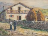 painting of two men walking down a dirt road in front of a house
