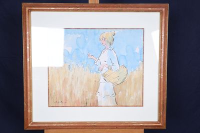 tableau représentant une femme marchant dans un champ de blé, un panier à la main