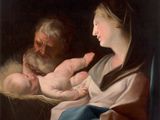 an image of a painting of a man holding a baby in a manger
