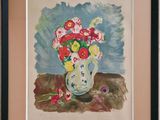 aquarelle encadrée représentant un vase de fleurs posé sur une table