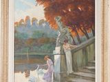 tableau représentant une femme nourrissant des cygnes sur un pont au bord d'un lac