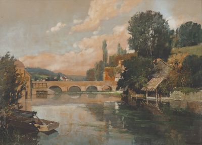 une peinture représentant un pont au-dessus d'une rivière, avec des bateaux dessus