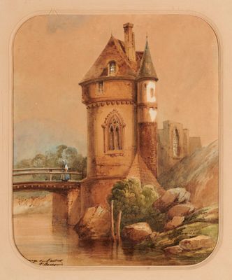 tableau représentant un château avec, devant, un pont enjambant une rivière