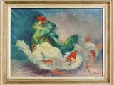 une peinture à l'huile représentant un poulet et deux poulets, dans un cadre doré