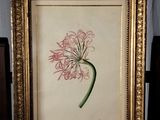 tableau représentant une fleur rose dans un cadre doré, posé sur une table
