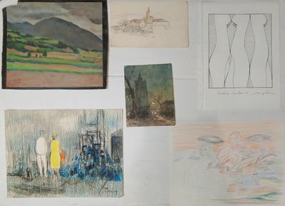 many paintings on the wall of this room