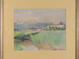 an image of a painting of a landscape with a river in the foreground and houses in the distance