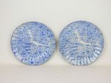 two blue and white plates with designs on them on a white surface