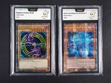 two cards from the pokemon trading card game, one of which is in a plastic case