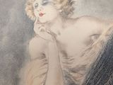 painting of a woman sitting on a chair with her hand on her chin