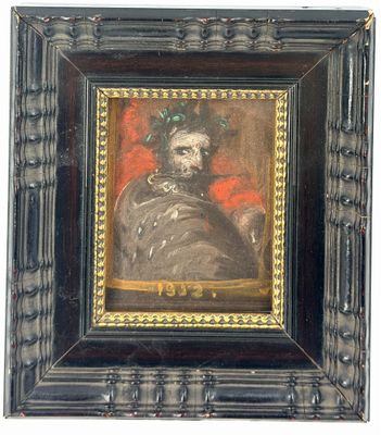 un vieux tableau représentant un homme avec un chapeau et une barbe, dans un cadre noir