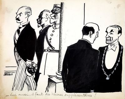 cartoon drawing of a group of men in suits standing next to each other