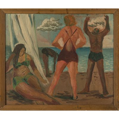 une image représentant un tableau où l'on voit trois personnes sur une plage