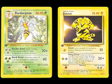 Quatre cartes Pokémon différentes sont représentées en ligne sur un fond noir.