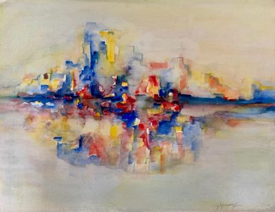 a painting of a cityscape with a lot of buildings in the background