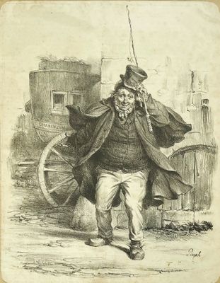 dessin représentant un homme en haut-de-forme et en manteau tirant une charrette