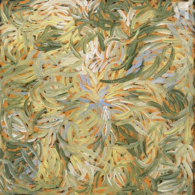 une peinture abstraite représentant des tourbillons verts et jaunes sur un fond marron